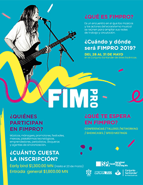 Cartel informativo sobre el FIMPRO 2019 “Las artes nos unen”. Conferencias, talleres, networking, showcases y speed meetings, del 28 al 31 de mayo, en el Conjunto Santander de Artes Escénicas