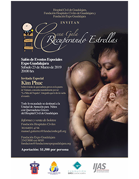 Cartel informativo y de invitación a la Cena gala: Recuperando estrellas. A realizarse el 23 de marzo, a las 20:00 horas, en el Salón de eventos especiales, Expo Guadalajara.