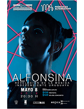 Cartel informativo del Miércoles Alternativo con Alfonsina: Revelación de la música independiente uruguaya. A realizarse el 8 de mayo, a las 20:30 horas, en el Teatro Vivian Blumenthal
