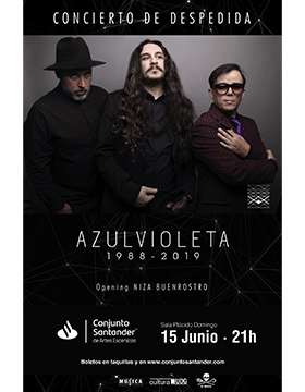 Cartel informativo del Concierto de despedida de Azul Violeta (1988-2019). A desarrollarse el 15 de junio, a las 21:00 horas, en la Sala Plácido Domingo del Conjunto Santander de Artes Escénicas
