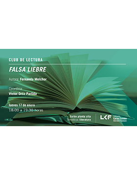 Cartel informativo sobre el Club de lectura: Falsa liebre, el 17 de enero, a las 18:00 h. en el Salón planta alta, Librería Carlos Fuentes