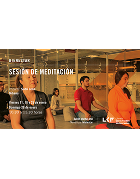 Cartel informativo sobre la Sesión de meditación, el 11, 18 y 25 de enero, a las 10:30 h. en el Salón planta alta, Librería Carlos Fuentes 