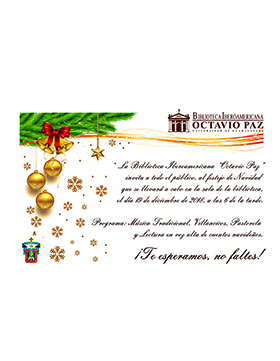 Cartel informativo sobre el Festejo de navidad en la Biblioteca Iberoamericana "Octavio Paz", el 19 de diciembre, a las 19:00 h. en la Sala de la Biblioteca Iberoamericana Octavio Paz