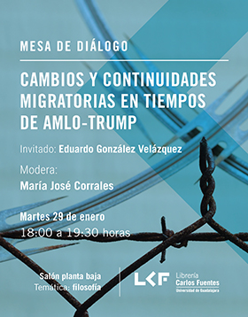 Cartel informativo sobre la Mesa de diálogo: Cambios y continuidades migratorias en tiempos de AMLO-TRUMP, el 29 de enero, a las 18:00 h. en el Salón planta baja, Librería Carlos Fuentes