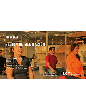 Cartel informativo sobre la Sesión de meditación en la Librería Carlos Fuentes, el 11 de enero, a las 10:30 h. en el Salón planta alta, Librería Carlos Fuentes