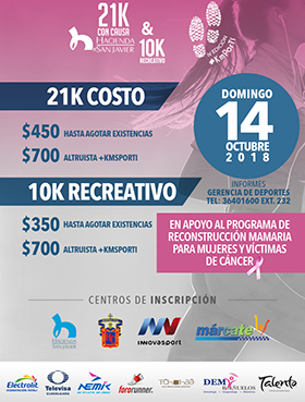 Cartel informativo sobre los 21k con causa & 10k recreativo, en apoyo al programa de reconstrucción mamaria para mujeres y víctimas de cáncer, el 14 de octubre,a las 7:00 h. 