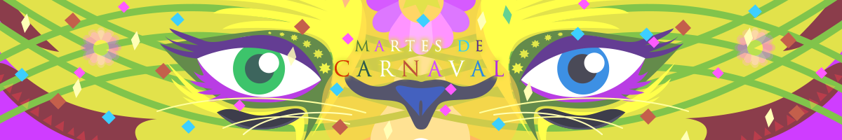 Martes de Carnaval, historia y tradiciones - 9 de febrero de 2016 Ilustracion festiva de Antifaz amarillo con unos ojos verde y azul - Lea más sobre esta tradición.