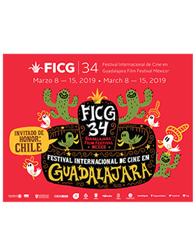 Cartel informativo sobre el Festival Internacional de Cine en Guadalajara, FICG34, Del 8 al 15 de marzo