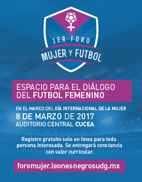 Cartel con texto del lugar y fecha del 1er. Foro Mujer y Futbol