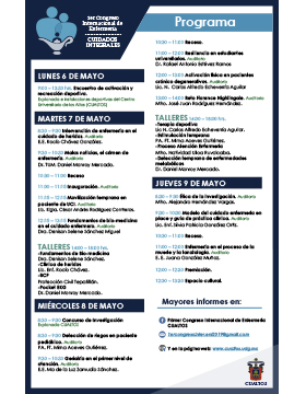Cartel informativo del 1er Congreso Internacional de Enfermería “Cuidados Integrales”. A realizarse del 6 al 9 de mayo, en el Centro Universitario de los Altos