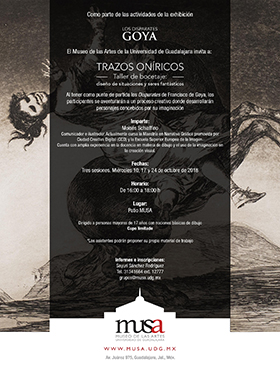 Cartel informativo sobre Trazos Oníricos. Taller de bocetaje. Diseño de situaciones y seres fantásticos, Tres sesiones: 10, 17 y 24 de octubre, de 16:00 a 18:00 h. en el Patio MUSA