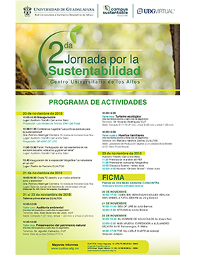 Cartel informativo sobre la 2da Jornada por la Sustentabilidad en CUAltos, del 20 al 23 de noviembre, Centro Universitario de los Altos