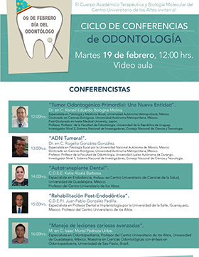 Cartel informativo sobre el Ciclo de conferencias de odontología "Pierre Fauchard", el 19 de febrero, 12:00 h. en la Video aula del CUAltos