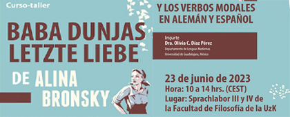Cartel del Curso-taller: Baba Dunjas Letzte Liebe, de Alina Bronsky y los verbos modales en alemán y español