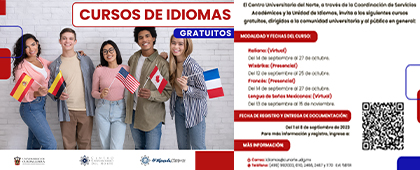Cartel de Asiste a los talleres de idiomas del CUNorte: Italiano, wixárika, francés y lengua de señas mexicana
