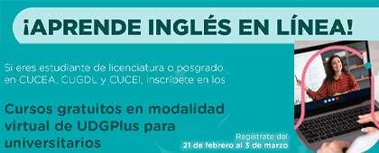 Cartel de los cursos gratuitos de inglés en modalidad virtual de UDGPlus para universitarios