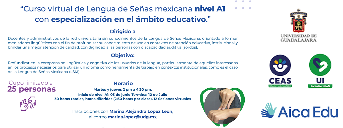Cartel del Curso virtual de Lengua de Señas mexicana nivel A1 con especialización en el ámbito educativo