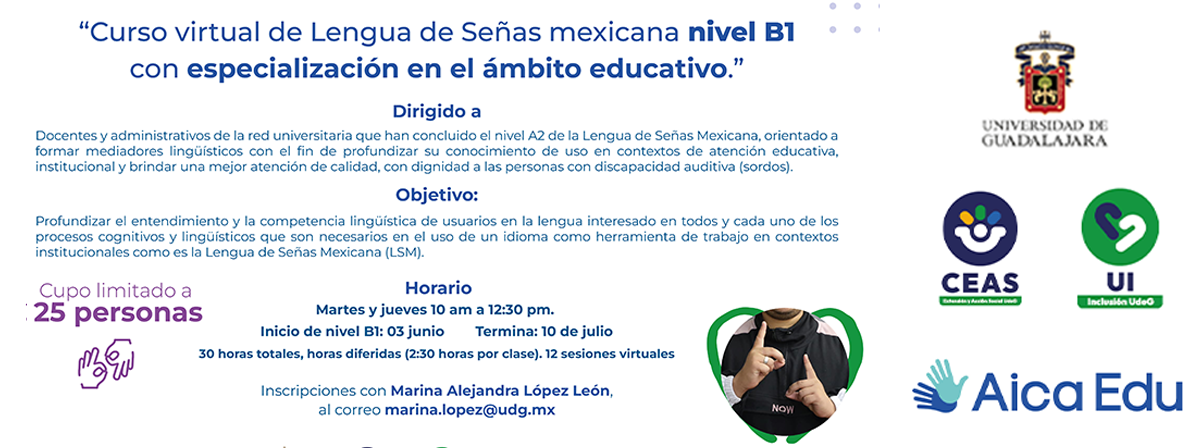 Cartel del Curso virtual de Lengua de Señas mexicana nivel B1 con especialización en el ámbito educativo