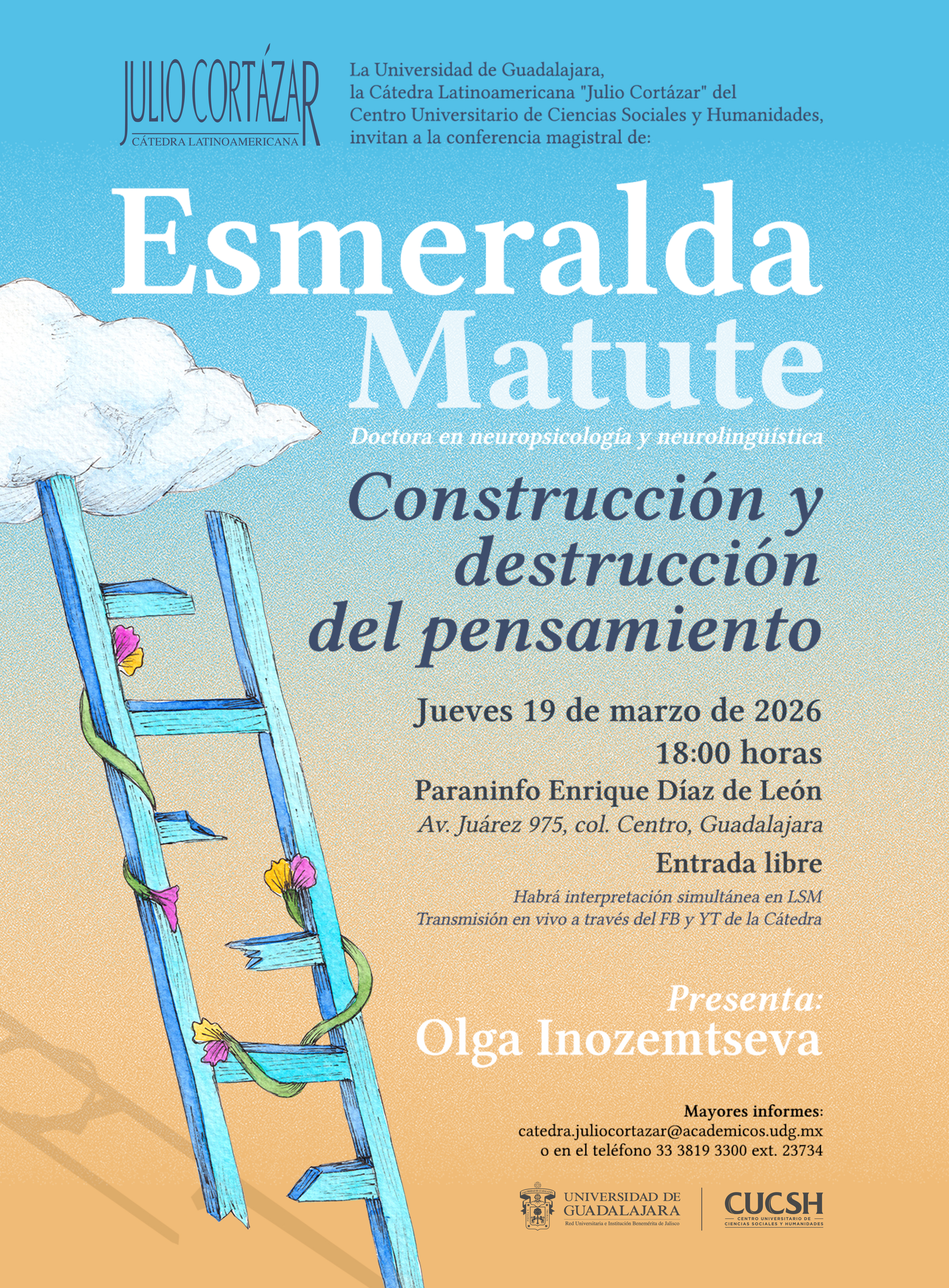 Banner de la Cátedra Latinoamericana Julio Cortázar con Esmeralda Matute, Doctora en neuropsicología y neurolingüística