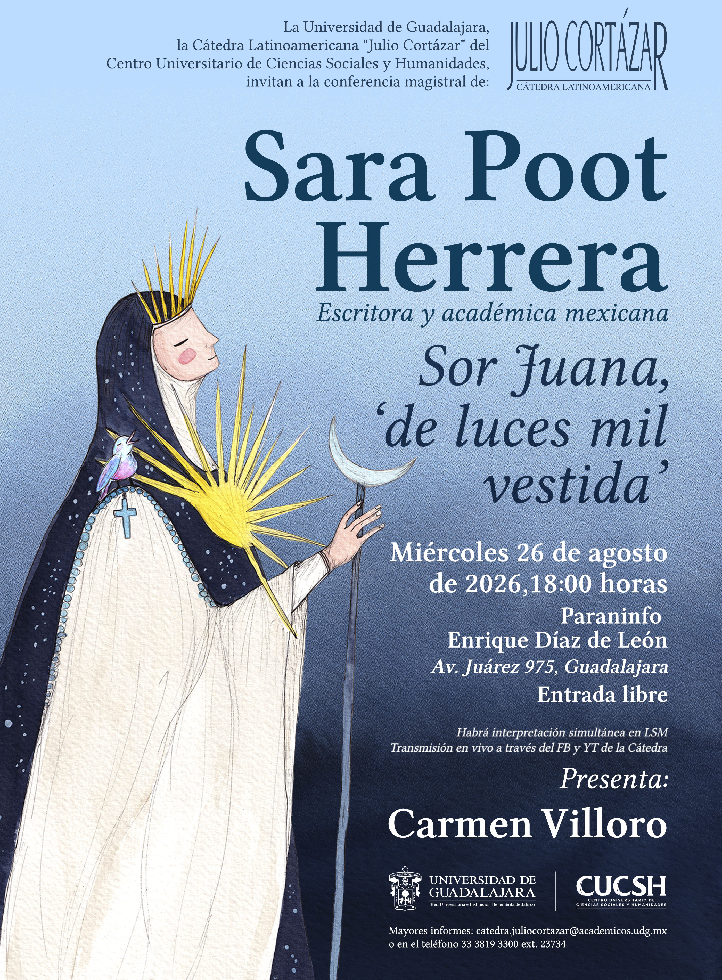 Banner de la Cátedra Latinoamericana Julio Cortázar con Sara Poot Herrera, escritora y académica mexicana