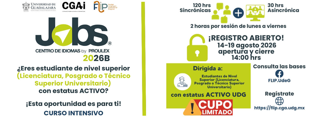 Cartel de los Cursos de inglés JOBS by Proulex para universitarios