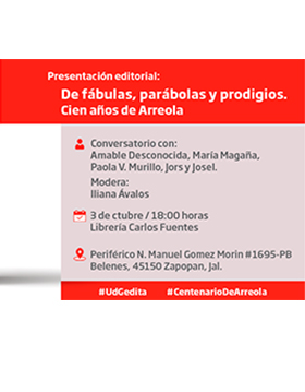 Cartel informativo sobre la Presentación del libro: De fábulas, parábolas y prodigios, el 3 de octubre, a las 18:00 h. en la Librería Carlos Fuentes