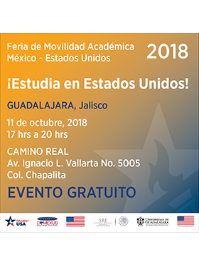 Cartel informativo sobre ¡Estudia en Estados Unidos! Feria de Movilidad Académica México – Estados Unidos, el 11 de octubre, de 17:00 a 20:00 h. en el Hotel Camino Real