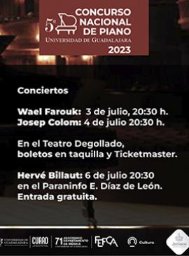Cartel de los Conciertos de piano, en el marco del 5º Concurso Nacional de Piano "Universidad de Guadalajara 2023"