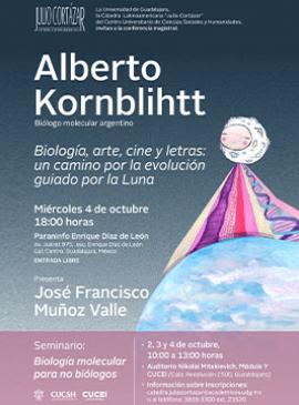 Cartel de la Cátedra Latinoamericana Julio Cortázar con Alberto Kornblihtt, biólogo molecular argentino