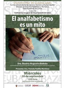 Cartel de la Conferencia inaugural del Departamento de Letras: El analfabetismo es un mito