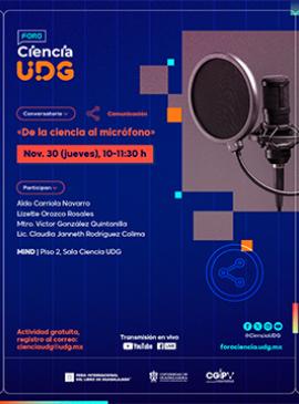 Cartel del Conversatorio: De la ciencia al micrófono Cartel del Conversatorio: De la ciencia al micrófono