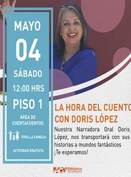 Cartel con información de la actividad: La hora del cuento con Doris López