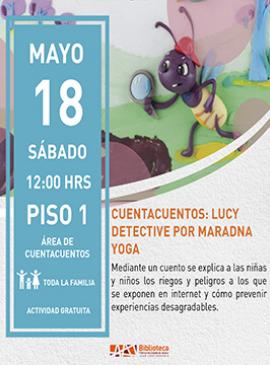 Cartel con información de la actividad de Cuentacuentos: Lucy detective por Marandina Yoga