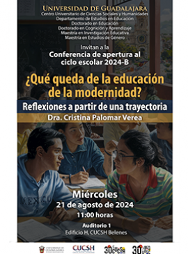 Cartel de la Conferencia de apertura al ciclo escolar 2024B de la Maestría en Investigación Educativa y de la Maestría en Estudios de Género