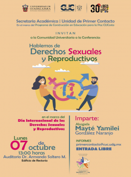 Cartel de la Conferencia: Hablemos de Derechos Sexuales y Reproductivos