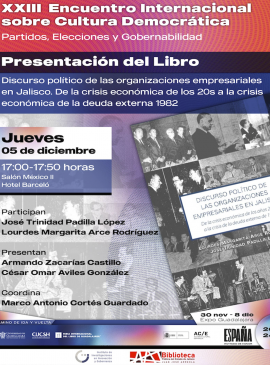 Cartel de la Presentación del libro: Discurso político de las organizaciones empresariales en Jalisco. De la crisis económica de los 20s a la crisis económica de la deuda externa 1982