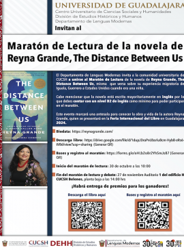 Cartel del Maratón de lectura de la novela de Reyna Grande, The Distance Between U