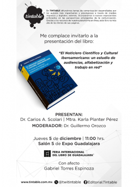 Cartel de la Presentación del libro: "El Noticiero Científico y Cultural Iberoamericano: Un estudio de audiencias, alfabetización y trabajo en red"