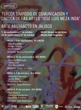 Cartel del Tercer simposio de comunicación y crítica de las artes "José Luis Meza Inda: Arte abstracto en Jalisco”