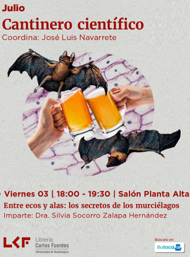 Cartel del Cantinero científico.  Título "Entre ecos y alas: los secretos de los murciélagos"