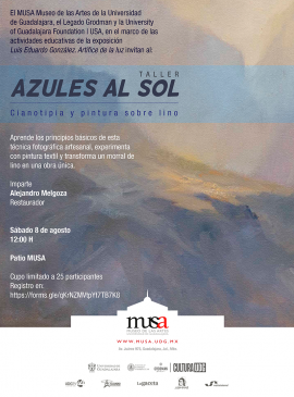 Cartel del Taller: Azules al sol. Cianotipia y pintura sobre lino