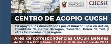 Cartel del Centro de acopio CUCSH en apoyo a los damnificados por el huracán Lidia