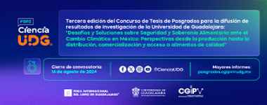 Cartel de la 3ra edición del Concurso de Tesis de Posgrados para la difusión de resultados de investigación de la Universidad de Guadalajara