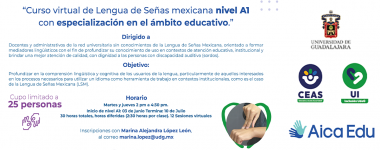 Cartel del Curso virtual de Lengua de Señas mexicana nivel A1 con especialización en el ámbito educativo